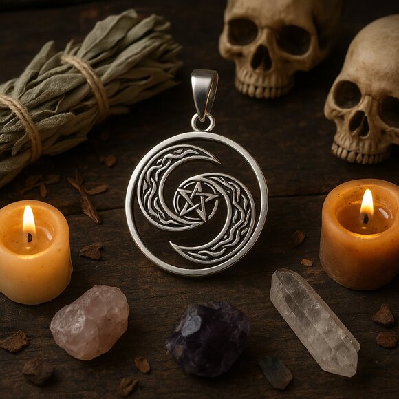 Celtic Knotwork Crescent Moons Pentagram Sterling Silver Pendant - Picture 3 of 3